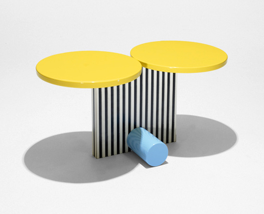 Small accent pieces by Memphis designers brighten interiors with a splash of color. Michele de Lucchi (b. 1951), another founding member of the style group, created the Polar occasional table in 1984; a labeled example, made in Milan, brought $2625 several years ago. Courtesy Wright Auctions